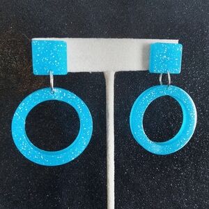 Neon blue silver glitter glow in the dark dangle hoop earrings new handmade